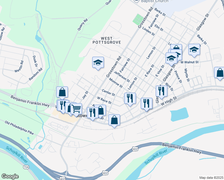 map of restaurants, bars, coffee shops, grocery stores, and more near 12 Fairview Street in Pottstown