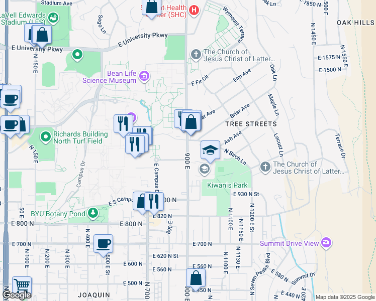 map of restaurants, bars, coffee shops, grocery stores, and more near 1209 900 East in Provo