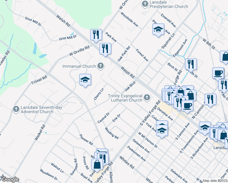 map of restaurants, bars, coffee shops, grocery stores, and more near 201 Woodlawn Drive in Lansdale