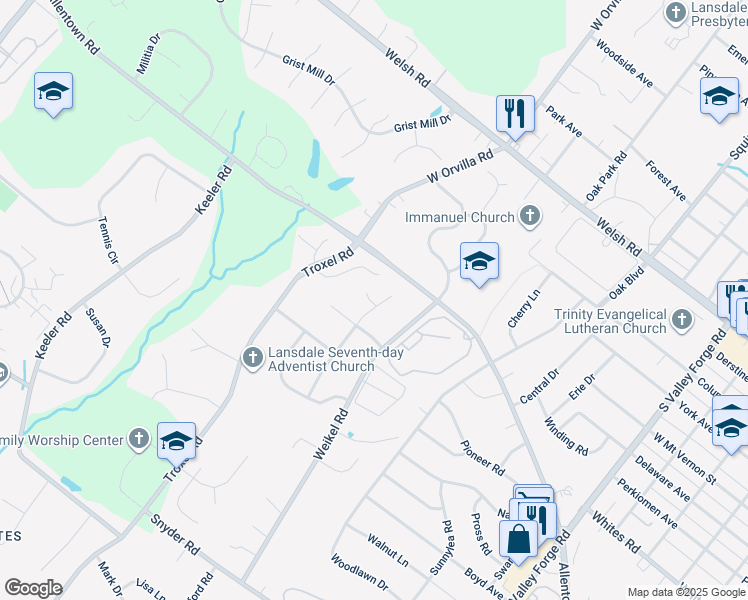 map of restaurants, bars, coffee shops, grocery stores, and more near 632 Conestoga Lane in Lansdale