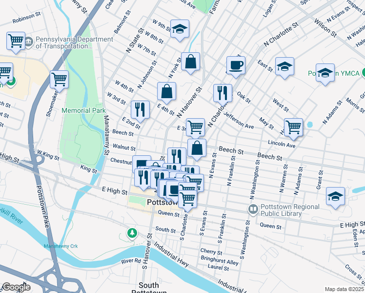 map of restaurants, bars, coffee shops, grocery stores, and more near 237 Beech Street in Pottstown