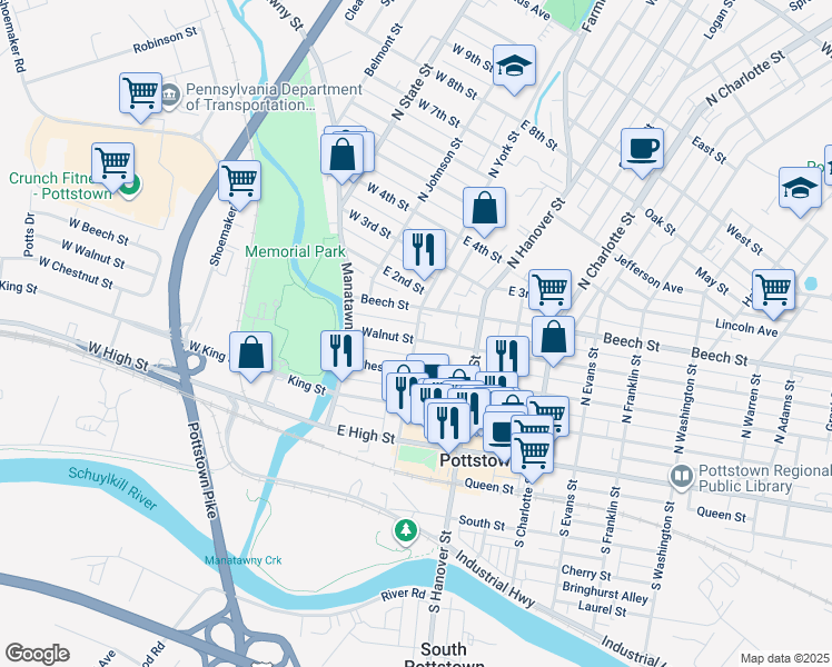 map of restaurants, bars, coffee shops, grocery stores, and more near 169 North York Street in Pottstown