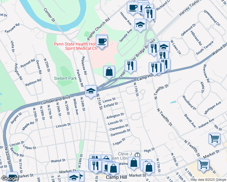 map of restaurants, bars, coffee shops, grocery stores, and more near 398 North 19th Street in Camp Hill