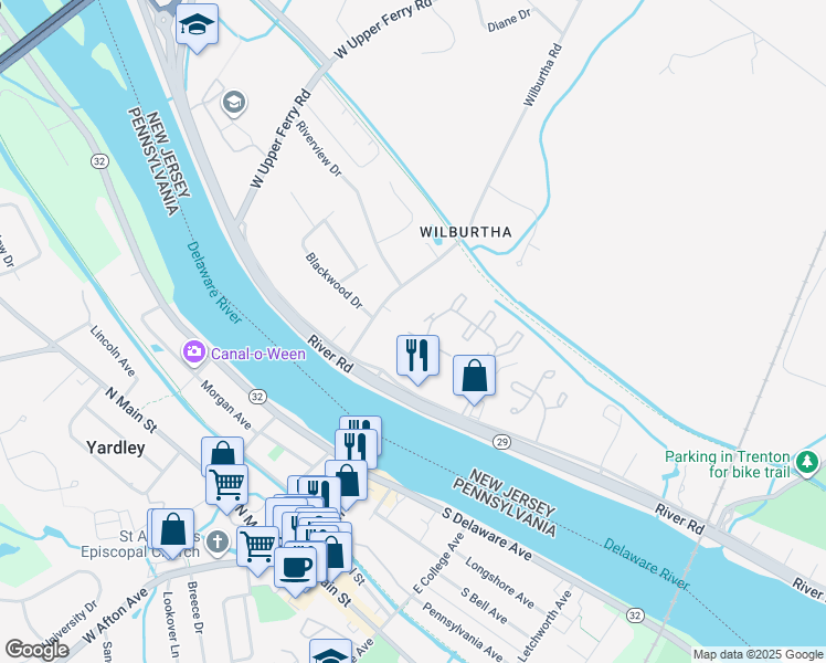 map of restaurants, bars, coffee shops, grocery stores, and more near 1007 Country Lane in Ewing Township