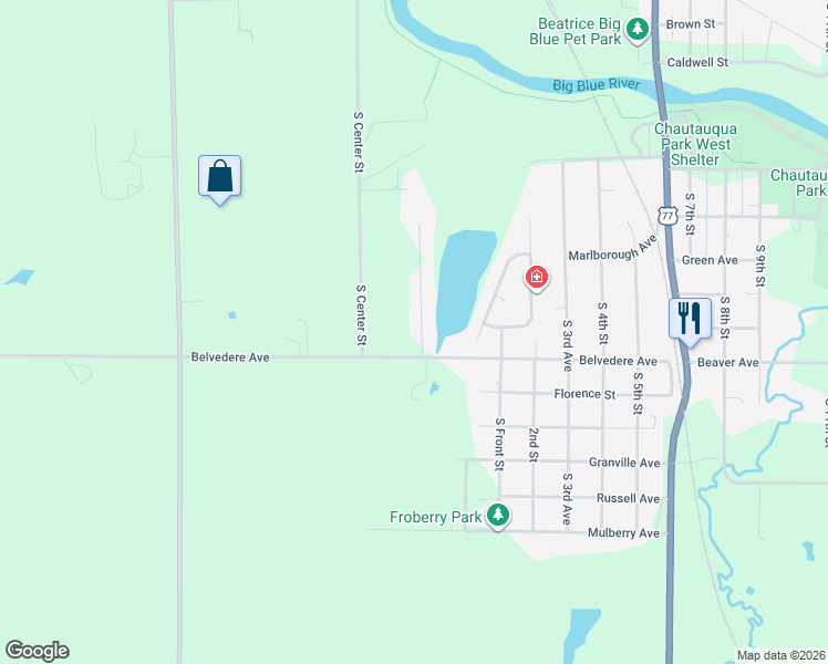 map of restaurants, bars, coffee shops, grocery stores, and more near 1561 Doyle Lane in Beatrice