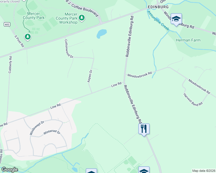map of restaurants, bars, coffee shops, grocery stores, and more near 166 Line Road in West Windsor Township