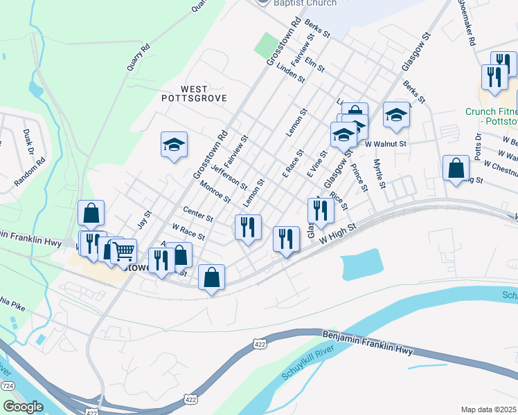 map of restaurants, bars, coffee shops, grocery stores, and more near 117 East Race Street in Pottstown