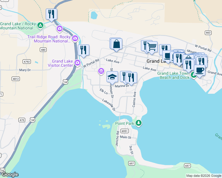 map of restaurants, bars, coffee shops, grocery stores, and more near Shadow Mountain Drive in Grand Lake