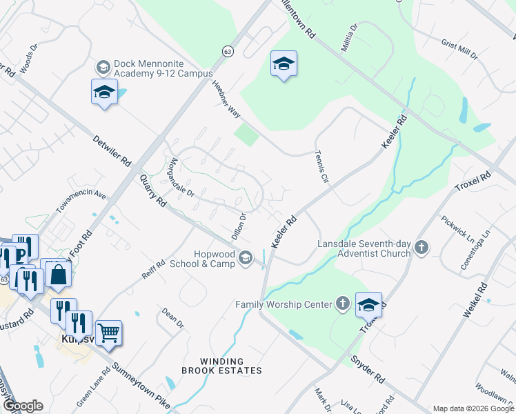 map of restaurants, bars, coffee shops, grocery stores, and more near Morgandale Dr & Crosshill Ct in Kulpsville