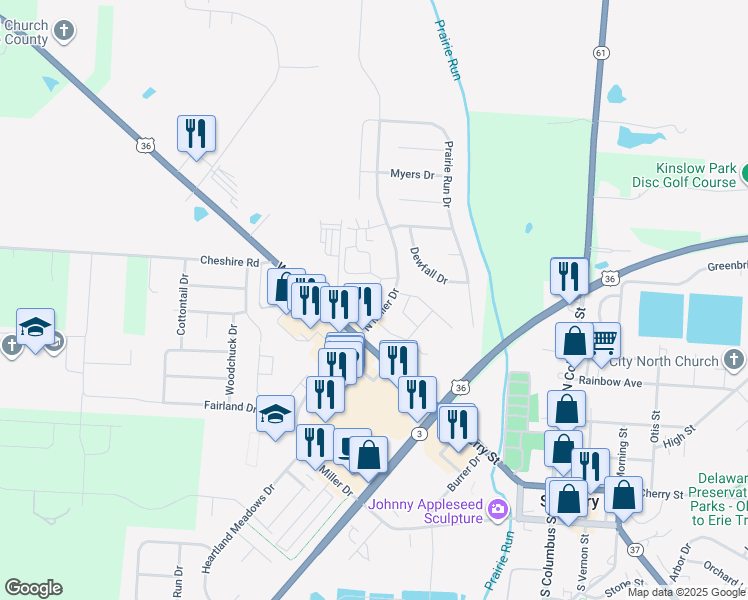 map of restaurants, bars, coffee shops, grocery stores, and more near 100 Tippett Court in Sunbury