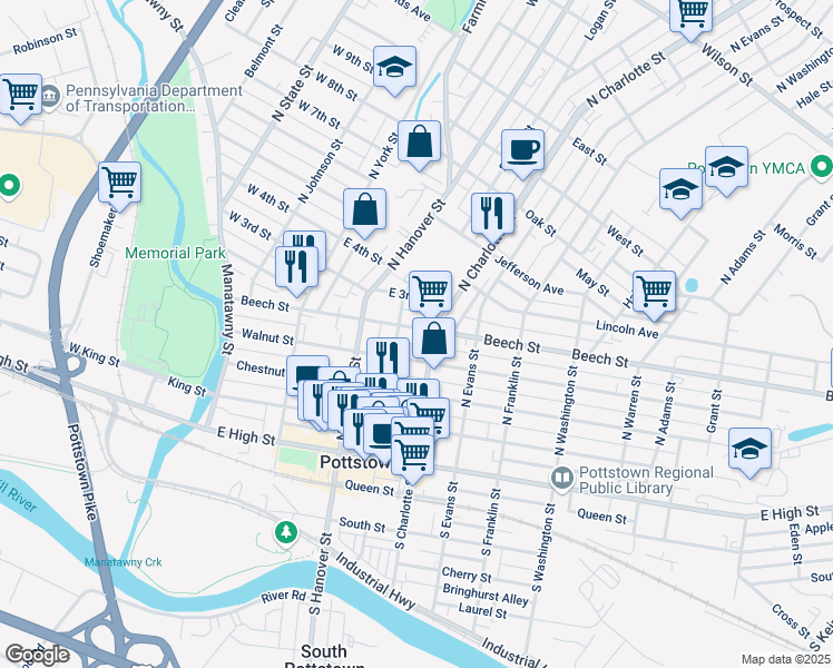 map of restaurants, bars, coffee shops, grocery stores, and more near 258 Beech Street in Pottstown