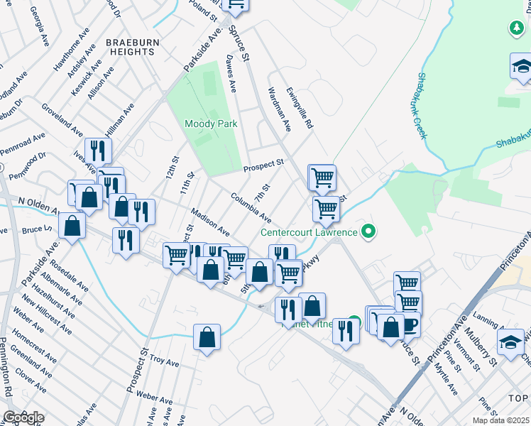 map of restaurants, bars, coffee shops, grocery stores, and more near 2305 Columbia Avenue in Ewing Township