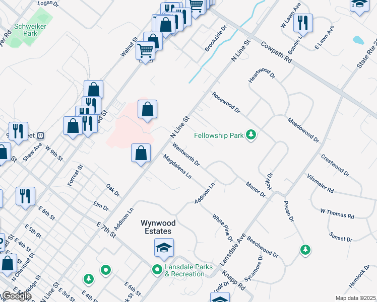 map of restaurants, bars, coffee shops, grocery stores, and more near 114 Wentworth Drive in Lansdale