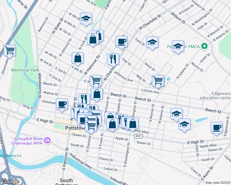 map of restaurants, bars, coffee shops, grocery stores, and more near in Pottstown