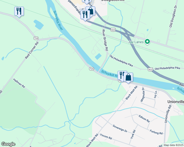 map of restaurants, bars, coffee shops, grocery stores, and more near 2668 East Main Street in Douglassville