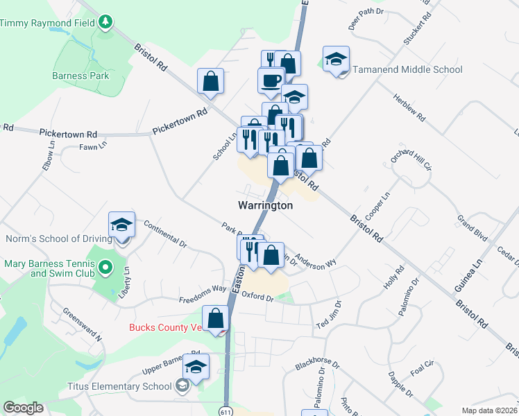 map of restaurants, bars, coffee shops, grocery stores, and more near 410 Feldspar Court in Warrington