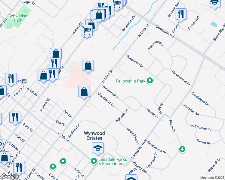 map of restaurants, bars, coffee shops, grocery stores, and more near 114 Wentworth Drive in Lansdale