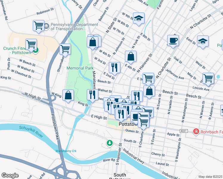 map of restaurants, bars, coffee shops, grocery stores, and more near 169 North York Street in Pottstown