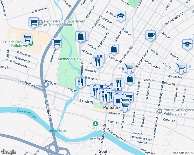 map of restaurants, bars, coffee shops, grocery stores, and more near 169 North York Street in Pottstown