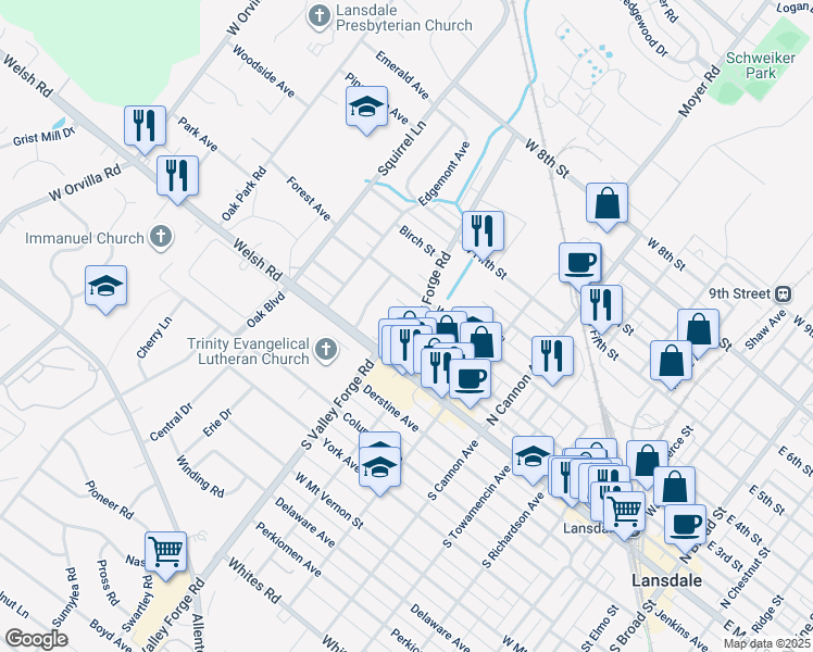 map of restaurants, bars, coffee shops, grocery stores, and more near 209 North Valley Forge Road in Lansdale
