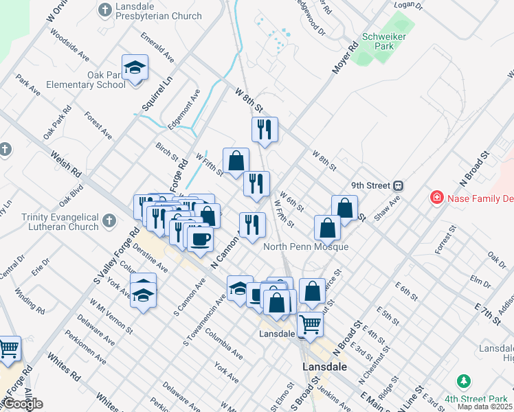 map of restaurants, bars, coffee shops, grocery stores, and more near 500 West Fifth Street in Lansdale