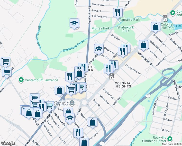 map of restaurants, bars, coffee shops, grocery stores, and more near in Lawrence Township