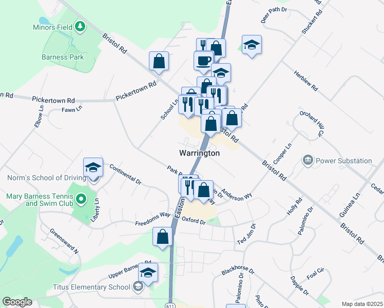 map of restaurants, bars, coffee shops, grocery stores, and more near 402 Feldspar Court in Warrington