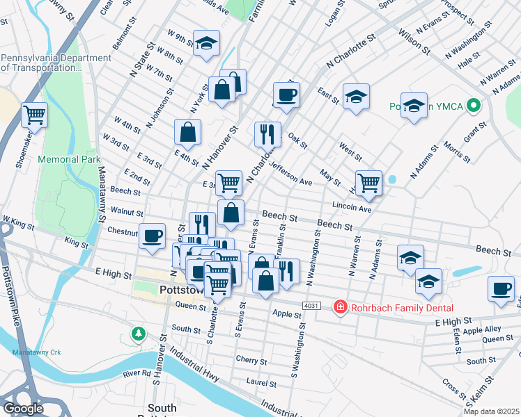map of restaurants, bars, coffee shops, grocery stores, and more near 218 North Evans Street in Pottstown