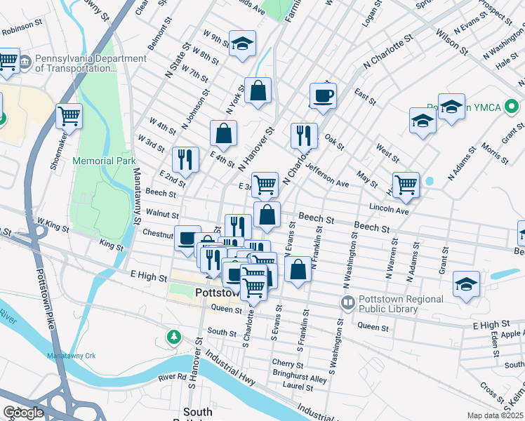 map of restaurants, bars, coffee shops, grocery stores, and more near 213 North Charlotte Street in Pottstown