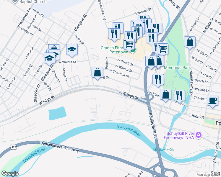 map of restaurants, bars, coffee shops, grocery stores, and more near 337 West High Street in Pottstown