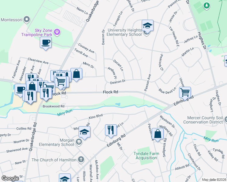 map of restaurants, bars, coffee shops, grocery stores, and more near 408 Flock Road in Hamilton Township