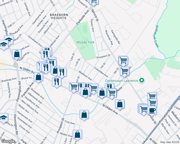 map of restaurants, bars, coffee shops, grocery stores, and more near 1660 Ninth Street in Ewing Township