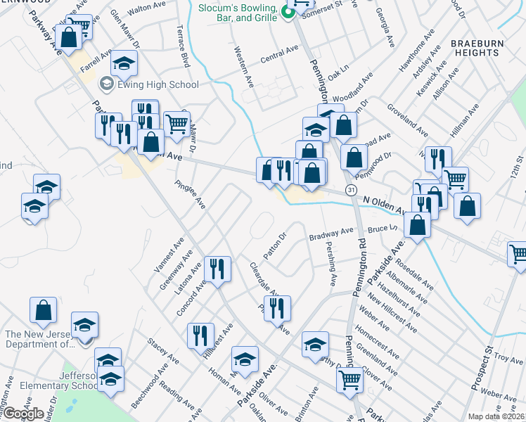 map of restaurants, bars, coffee shops, grocery stores, and more near 631 Concord Circle in Ewing Township