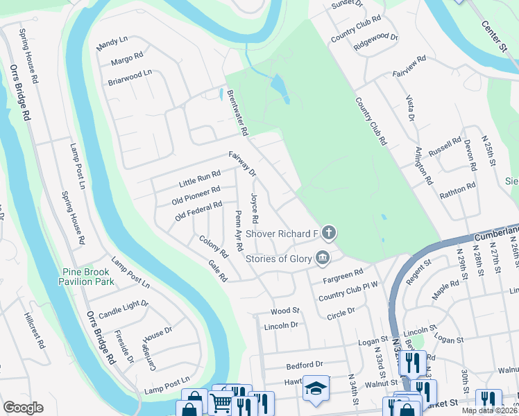 map of restaurants, bars, coffee shops, grocery stores, and more near 525 Joyce Road in Camp Hill
