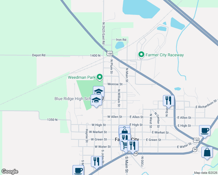 map of restaurants, bars, coffee shops, grocery stores, and more near 619 North Plum Street in Farmer City