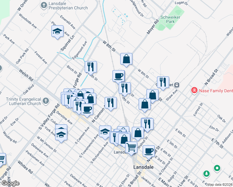 map of restaurants, bars, coffee shops, grocery stores, and more near 500 West Fifth Street in Lansdale