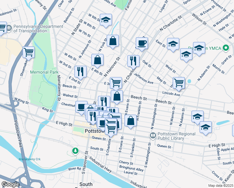 map of restaurants, bars, coffee shops, grocery stores, and more near 301 Beech Street in Pottstown