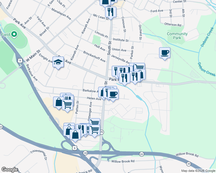 map of restaurants, bars, coffee shops, grocery stores, and more near 161 South Street in Freehold