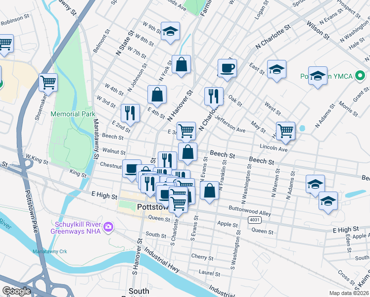 map of restaurants, bars, coffee shops, grocery stores, and more near 213 North Charlotte Street in Pottstown
