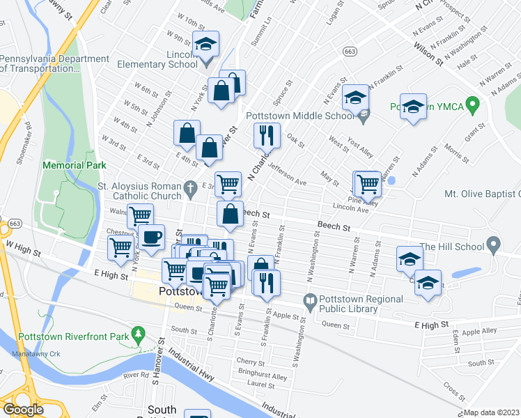 map of restaurants, bars, coffee shops, grocery stores, and more near 345 Beech Street in Pottstown
