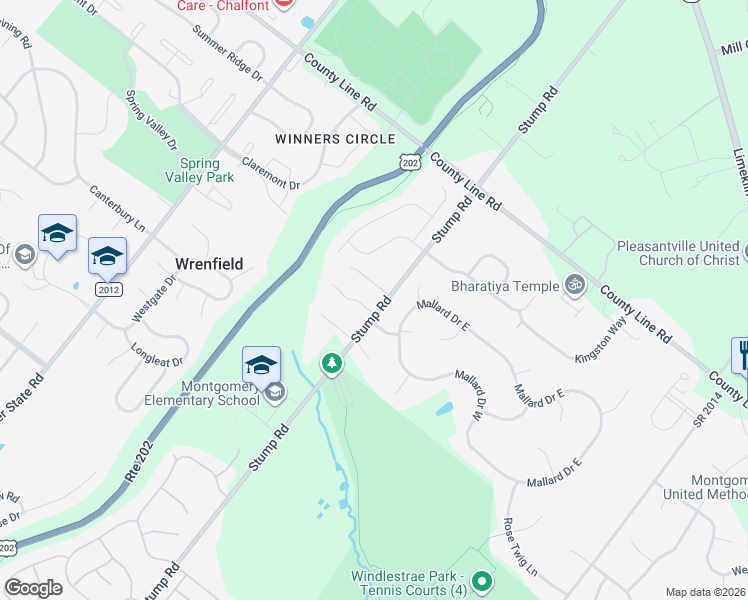 map of restaurants, bars, coffee shops, grocery stores, and more near 1303 Stump Road in North Wales