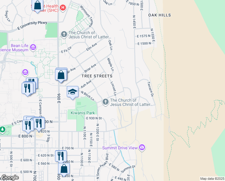 map of restaurants, bars, coffee shops, grocery stores, and more near 1175 North Locust Lane in Provo