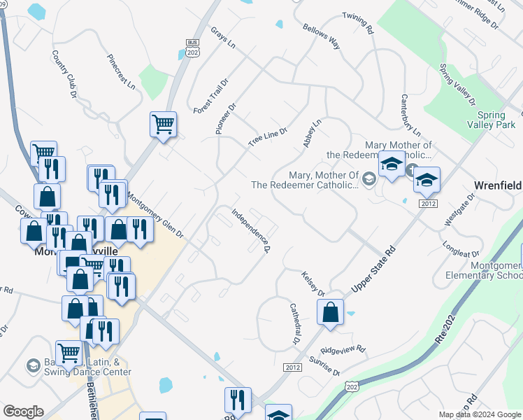 map of restaurants, bars, coffee shops, grocery stores, and more near 1606 Morris Court in North Wales