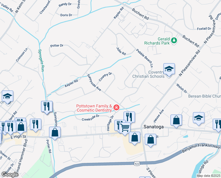map of restaurants, bars, coffee shops, grocery stores, and more near 31 Country Drive in Pottstown
