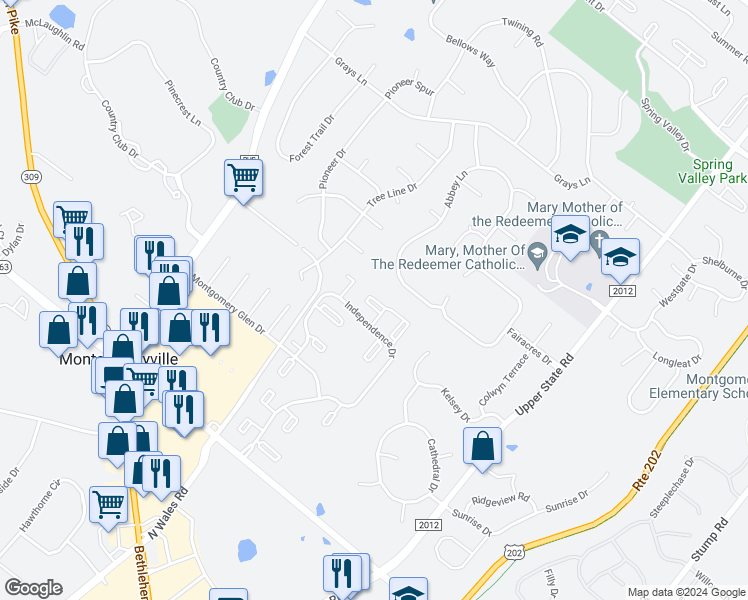 map of restaurants, bars, coffee shops, grocery stores, and more near 1505 Morris Court in North Wales