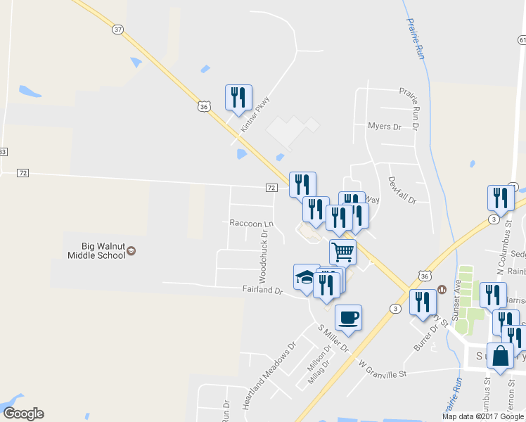 map of restaurants, bars, coffee shops, grocery stores, and more near 525 Chipmunk Lane in Sunbury