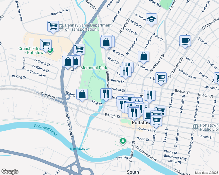 map of restaurants, bars, coffee shops, grocery stores, and more near 1 Walnut Street in Pottstown