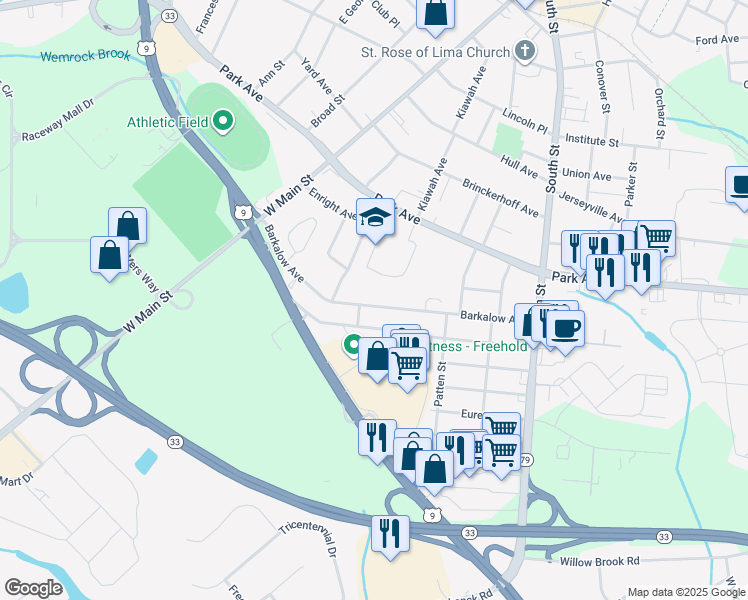 map of restaurants, bars, coffee shops, grocery stores, and more near 62 Barkalow Ave in Freehold