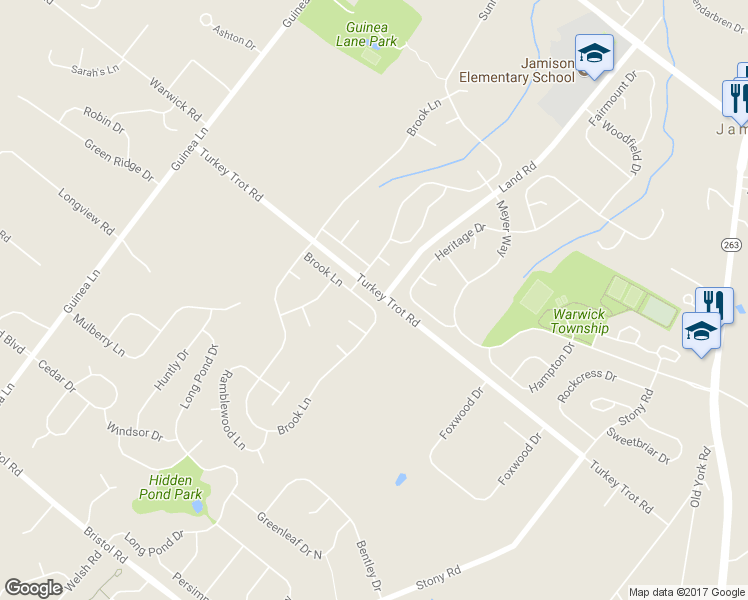 map of restaurants, bars, coffee shops, grocery stores, and more near 1390 Brook Lane in Jamison