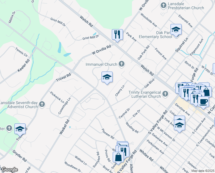 map of restaurants, bars, coffee shops, grocery stores, and more near 1313 Allentown Road in Lansdale